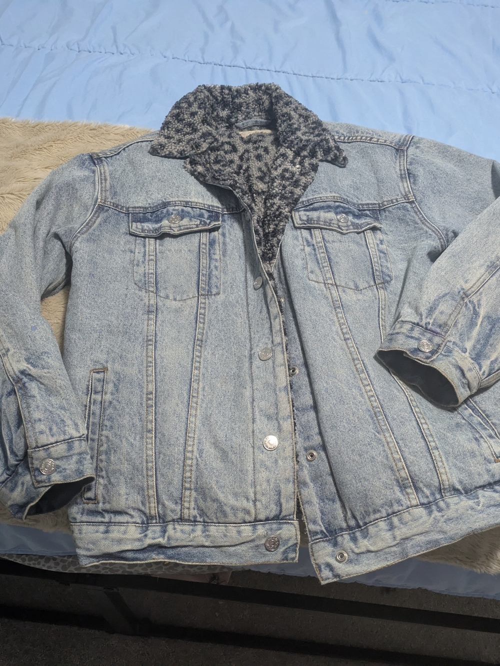We The Free Light Blue Denim Jacket with Gray Sherpa Collar